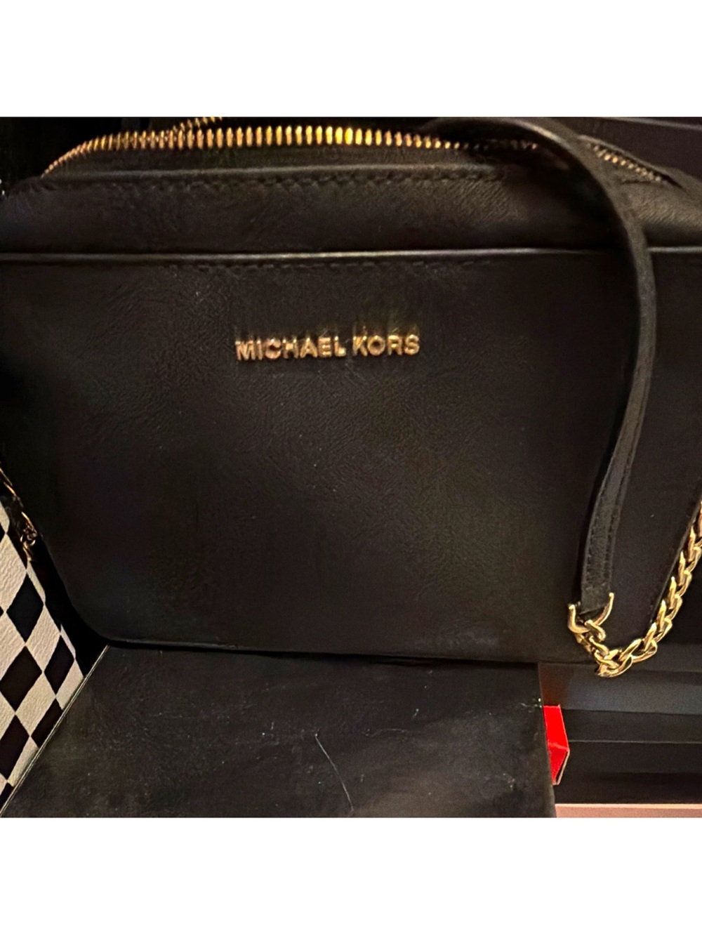 Michael Kors Black Leather Crossbody with Gold Chain Accent
